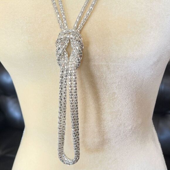 Shiny Silver Tone Long Double Strand Knotted Snake Chain‎ Necklace 39 in - Picture 2 of 12